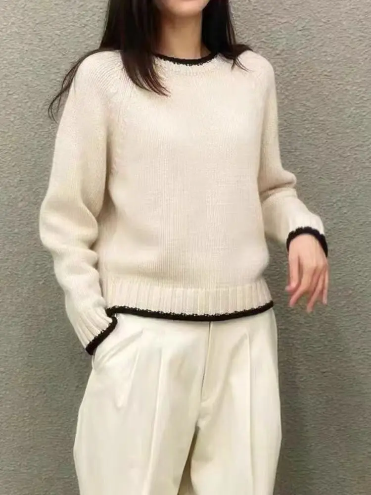 Merino 100% Wool Women's Round Neck Color Blocked Pullover Autumn Winter Casual Fashionable Knitted Cashmere Sweater - Detail 1