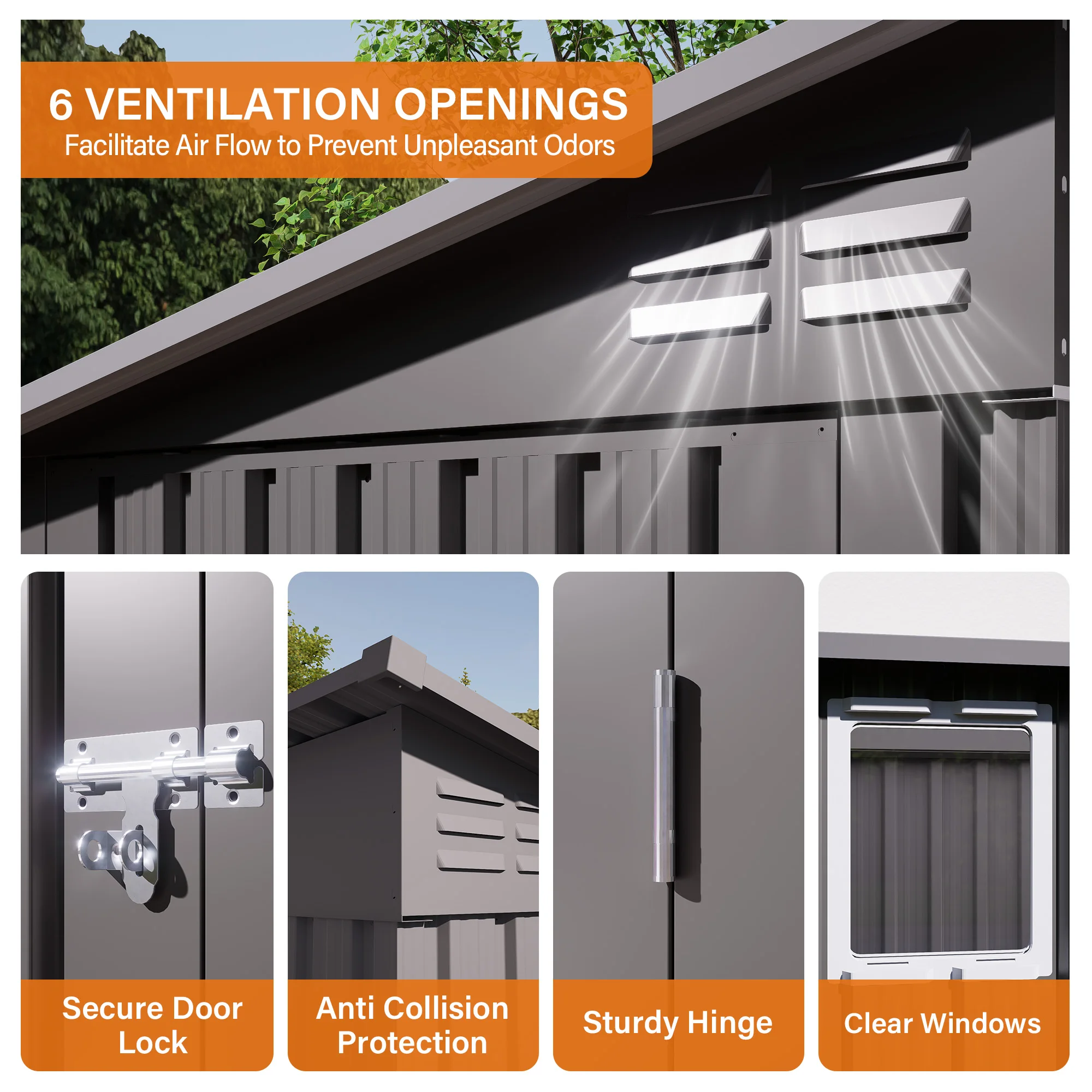 9X4FT in Stock  Gray Metal Garden Shed for Tools Sloping Roof 6 Vents 2 Swing Doors Steel Frame for Backyard Patio