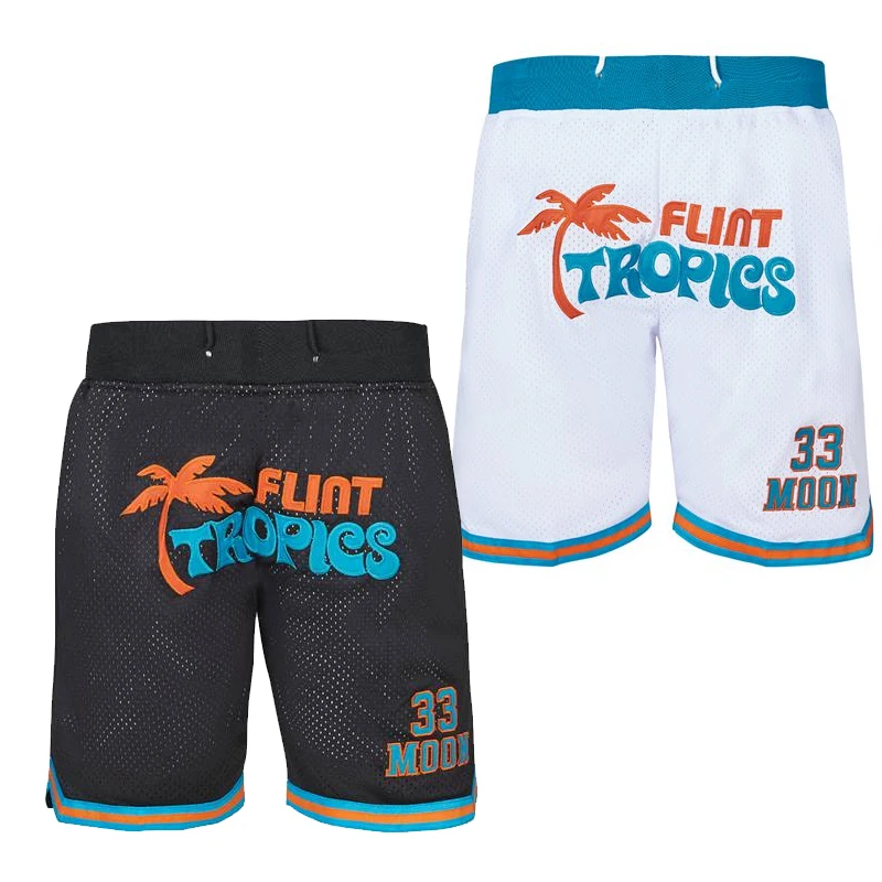 Men Basketball Shorts Flint Tropics 33 Moon Zippers Embroidery Outdoor Sport Shorts Beach Pants Four Pocket White Black 2023 New