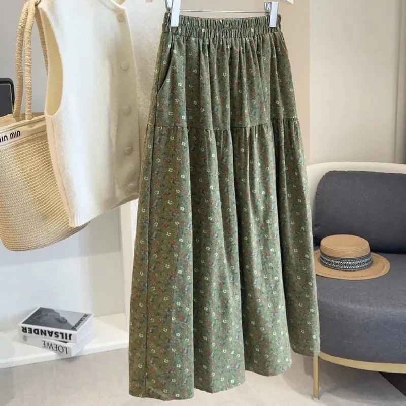 Trendy Floral A-LINE Skirt Women High Waist Summer Vintage Casual Midi Skirt