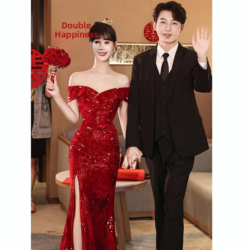 

Wedding Day Fi Tail Dr One oulder Ele New Bride Drinking Ceremony Long Evening Gown Faionable Sle Sweet Promise