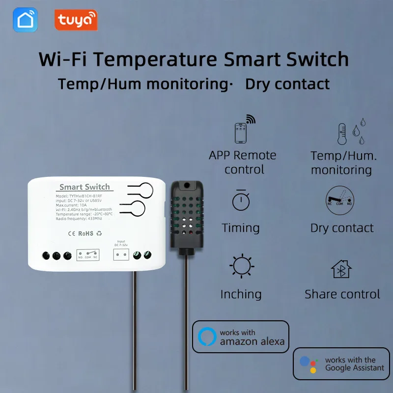 Tuya Smart Temperature Humidity Switch Passive Dry Contact Relay Thermostat Monitor Temperature Sensor  Alexa Compatible