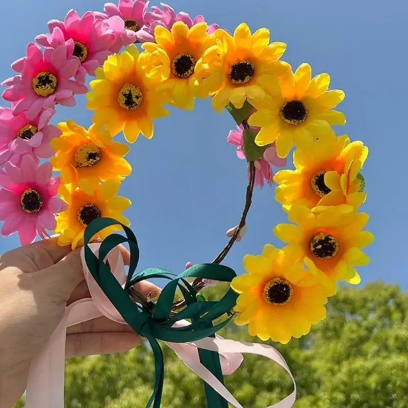 39BD Realistische Sonnenblumen Girlande Stirnband Böhmischen Krone Kopfschmuck Tiaras Haarband Frauen Hochzeit Party – Detail 5
