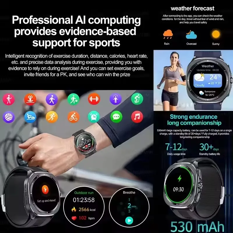 2025年最新 Android Watch エアポンプ エアバッグ スマートウォッチ メンズ 466*466 AMOLED 正確な測定 ECG 脂質-尿酸 健康 スマートウォッチ
