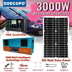 Complete solar power kit with 3000W inverter, panels and 30A controller for renewable energy off-grid and emergency power supply