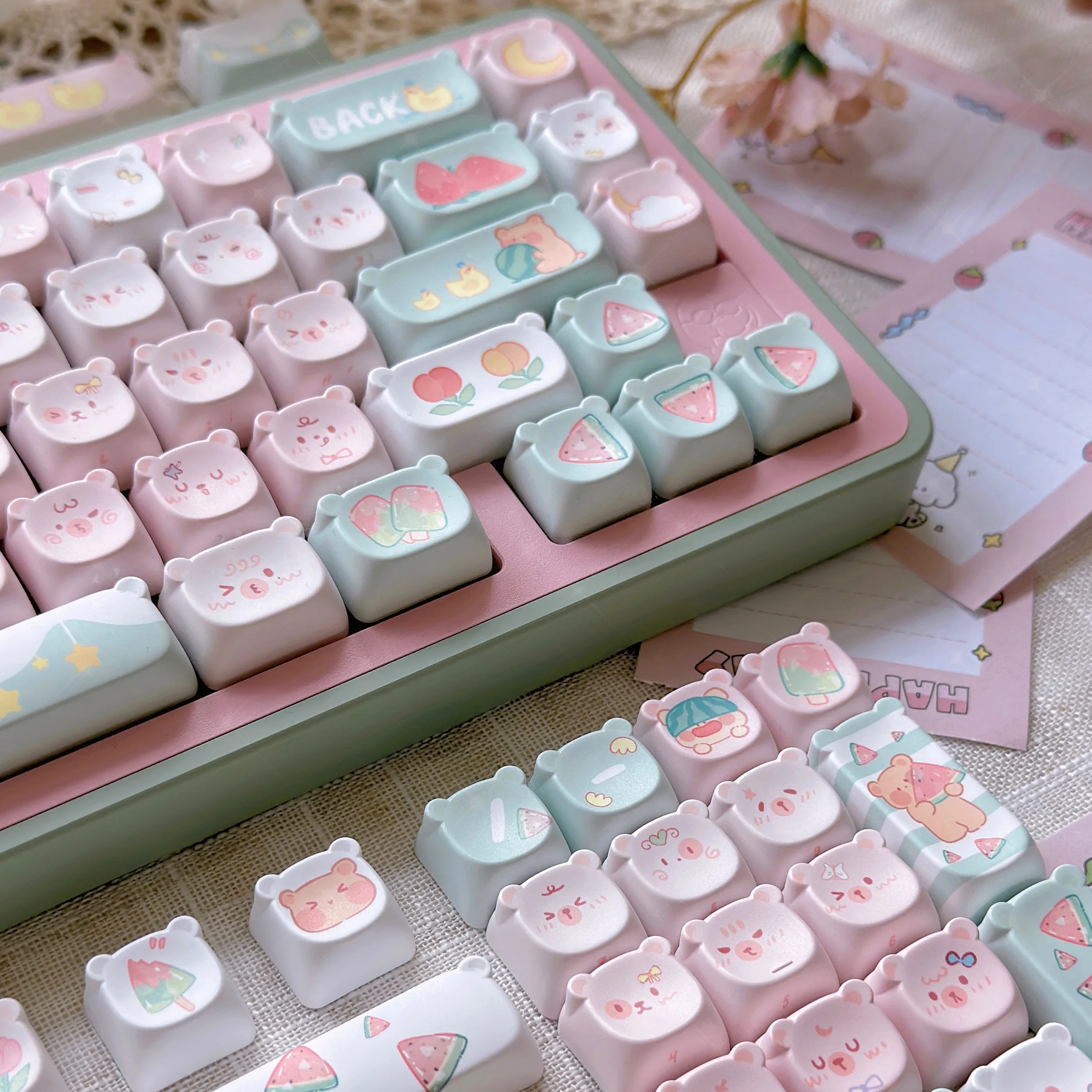 Cool Summer Theme Key Caps EAO Profile Watermelon Bear Mechanical Keyboard Keycaps Cute Bear Head Pink Green Kawaii Keycap Set