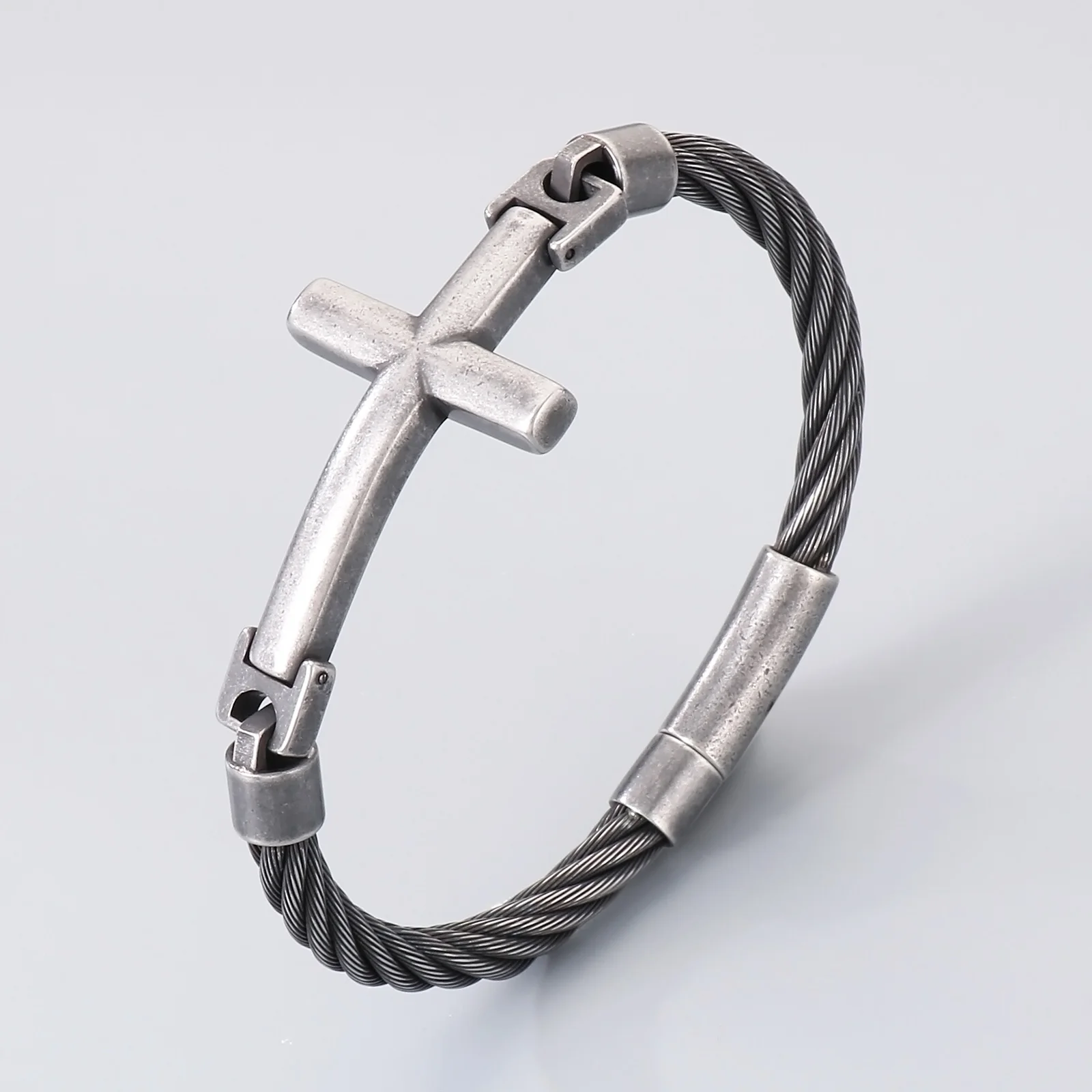 Fongten أسلاك الفولاذ الربط السلس الصليب الفولاذ المقاوم للصدأ الرجال الإسورة الهيب هوب الصبي تنوعا المعصم مجوهرات هدية عيد الميلاد #6