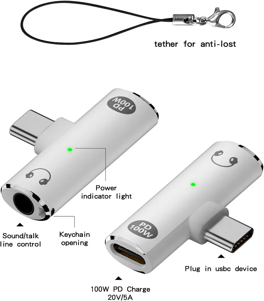 Adaptador de fones de ouvido 2 em 1 USBC e carregador USB C 100W PD, adaptador de fone de ouvido USB C de 90 graus com indicador de trabalho LED para iPhone