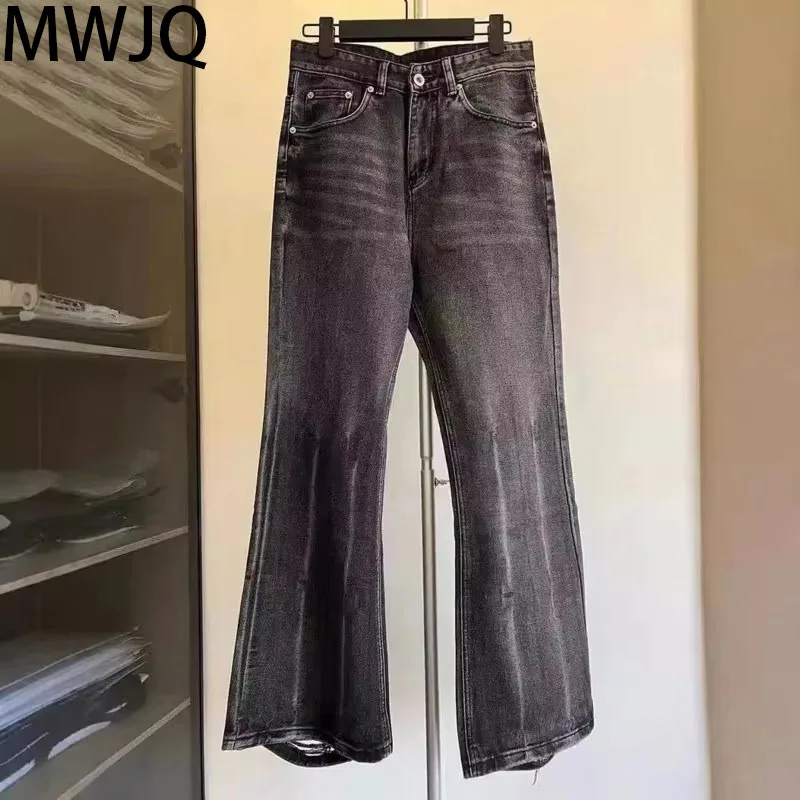

MWJQ Distressed Micro Flared Jeans Men's Straight Hole Niche Design Pants Black Grey Loose Casual Denim Trousers Tide 010110