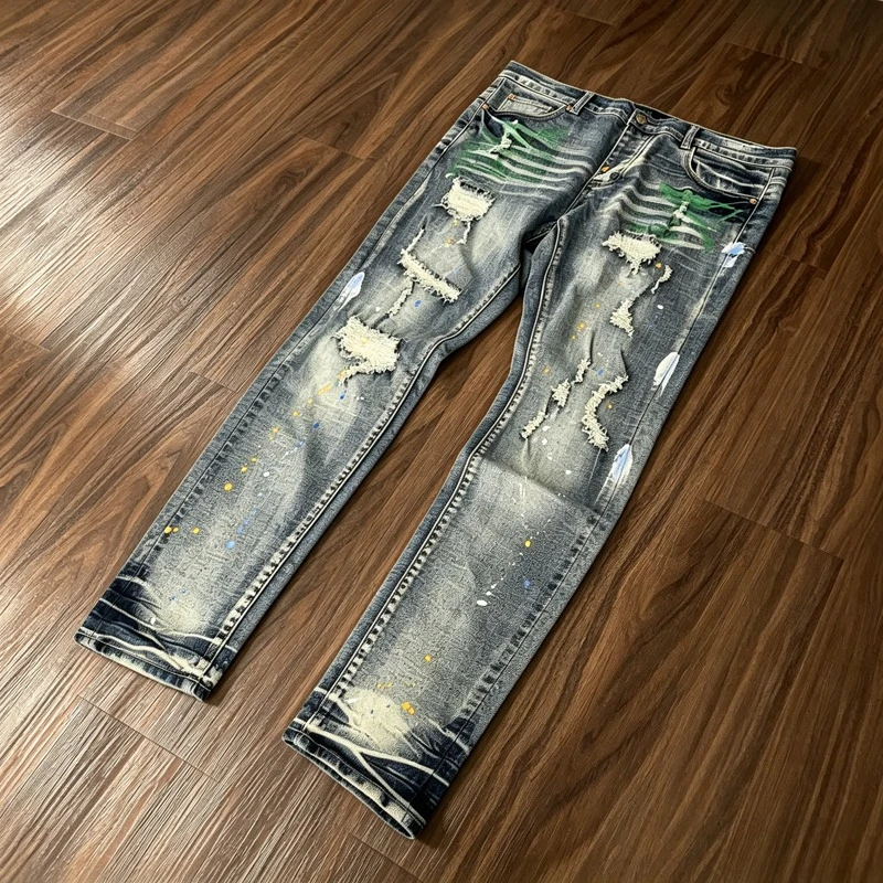 

Hip-hop Y2k Ripped Jeans High Quality Street Fashionable Do Old Graffiti Ink Pattern Tight Elastic Denim Pants