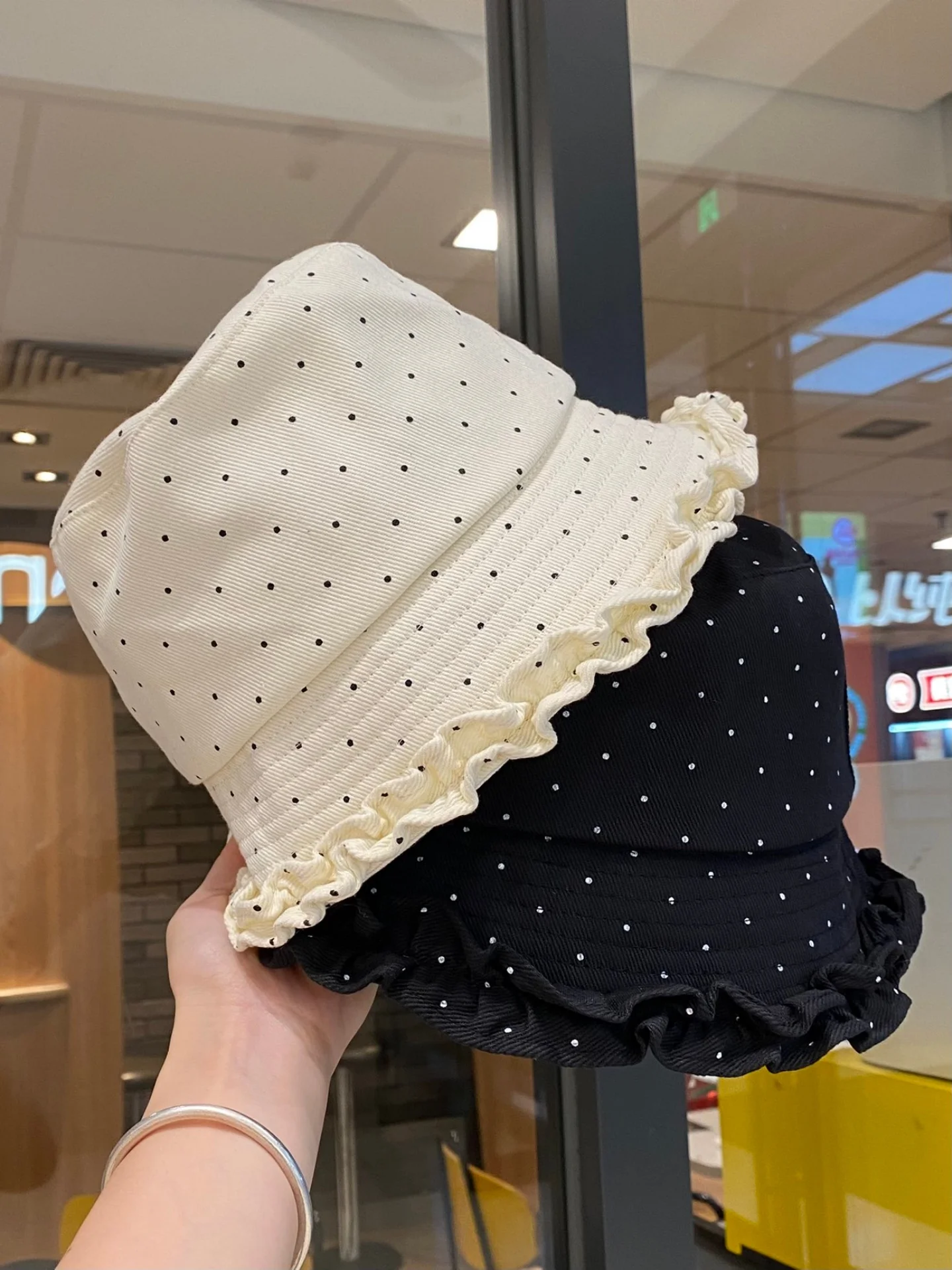 korean-style-foldable-polka-dot-ruffle-fisherman-hat-women's-autumn-winter-new-fashion-sunscreen-face-slimming-versatile-buck