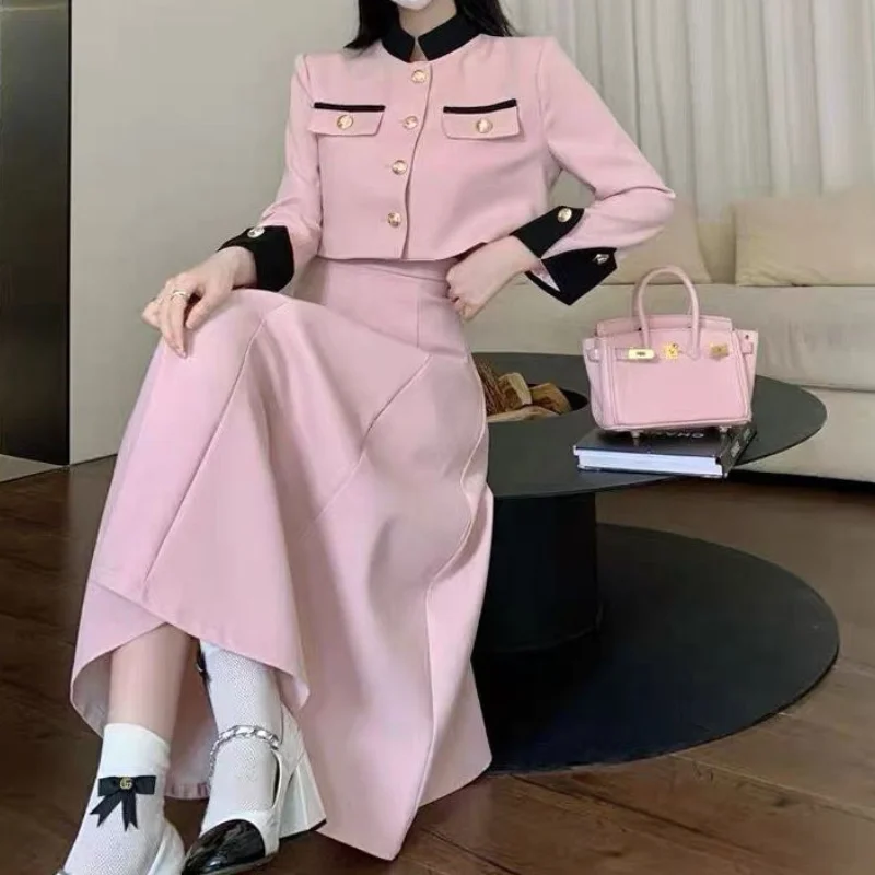 Women Autumn Winter New Stand Up Collar Small Fragrant Skirt Set Fashion Contrast Short Button Coat High Waisted Two-piece Dress