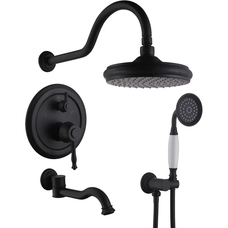 Matte Black Shower Systems Handheld Sprayer 3-Function Wall-Mounted Shower Faucet Set Dual Handle Metered Faucets Modern