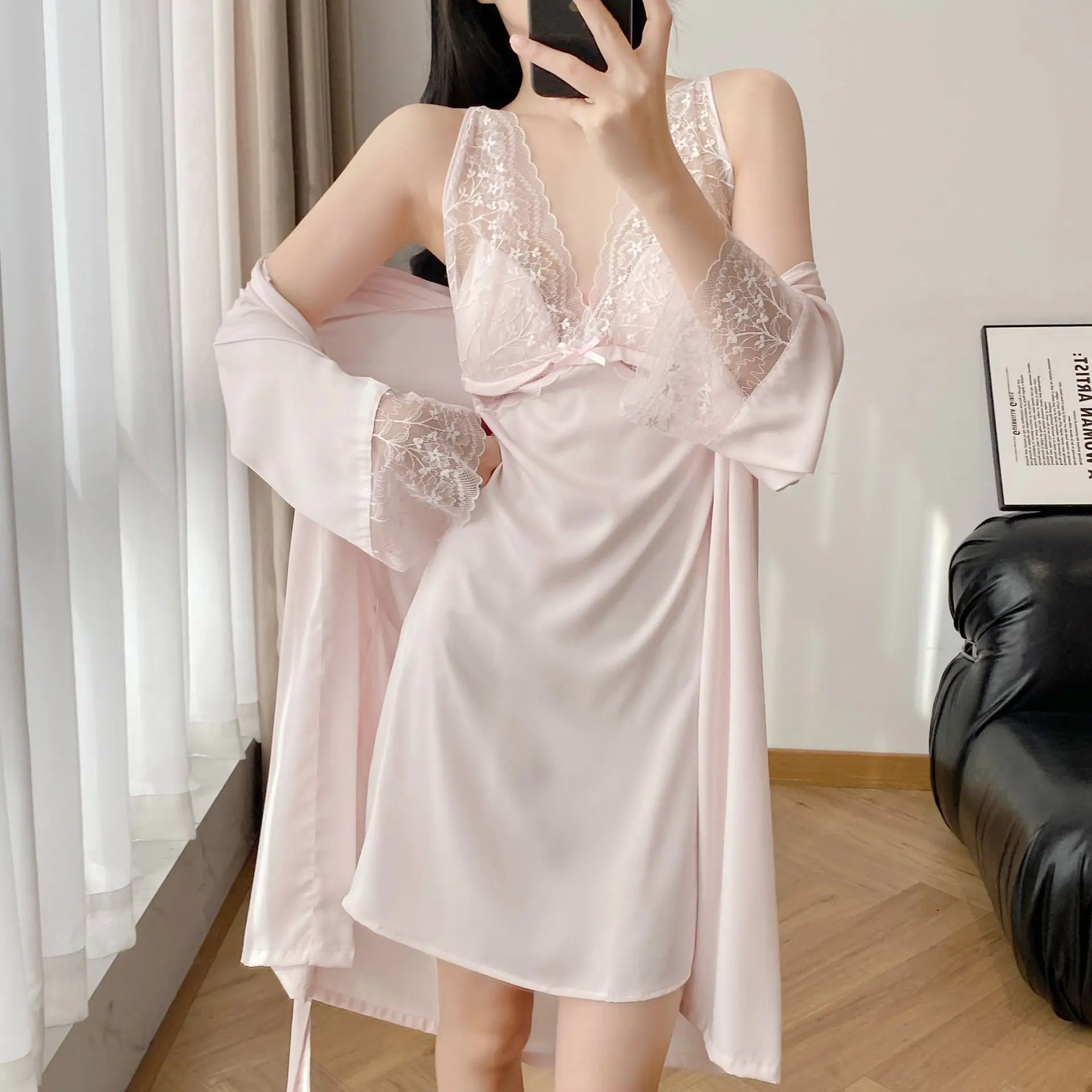 Robe Gown ชุดผู้หญิงผ้าไหมน้ําแข็ง 2PCS แฟชั่นชุดนอนเซ็กซี่สตรีเสื้อคลุมอาบน้ํา Nightdress ชุดนอนหน้าแรก