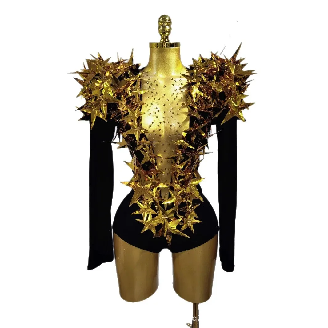 Sexy Gold Three-dimensional Pentagram High Shoulder Padded Onesie Stage Costume Cosplay