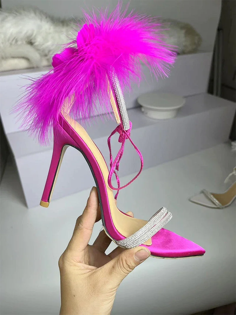 

2024 New Feather Strap High Heel Shoes for Women with Thin Heels, Summer Open Toe Banquet, Sexy One line Strap Sandals for Women