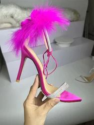 2024 New Feather Strap High Heel Shoes for Women with Thin Heels, Summer Open Toe Banquet, Sexy One line Strap Sandals for Women