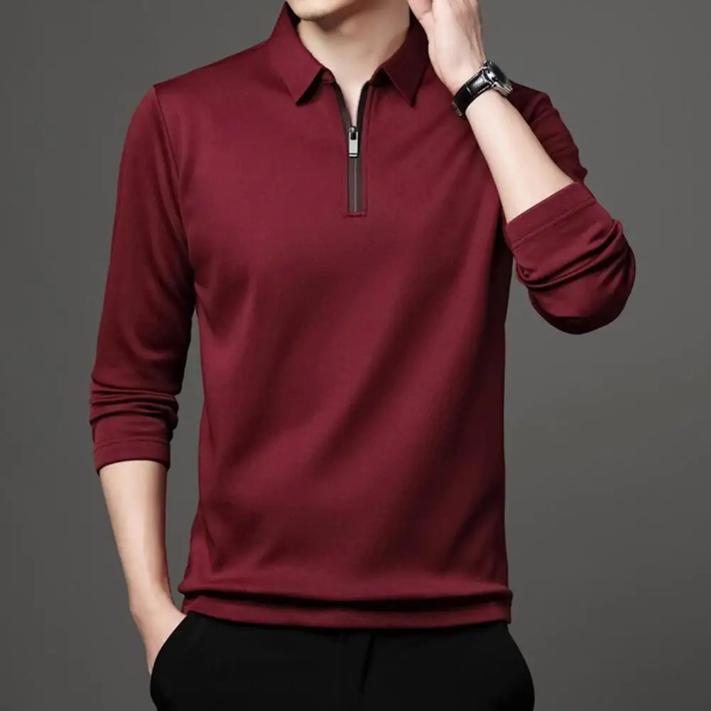 

Zippered Neckline Shirt Slim Fit Satin Long Sleeve Men's Office T-shirt Stylish Business Style with Turn-down Collar Shirts