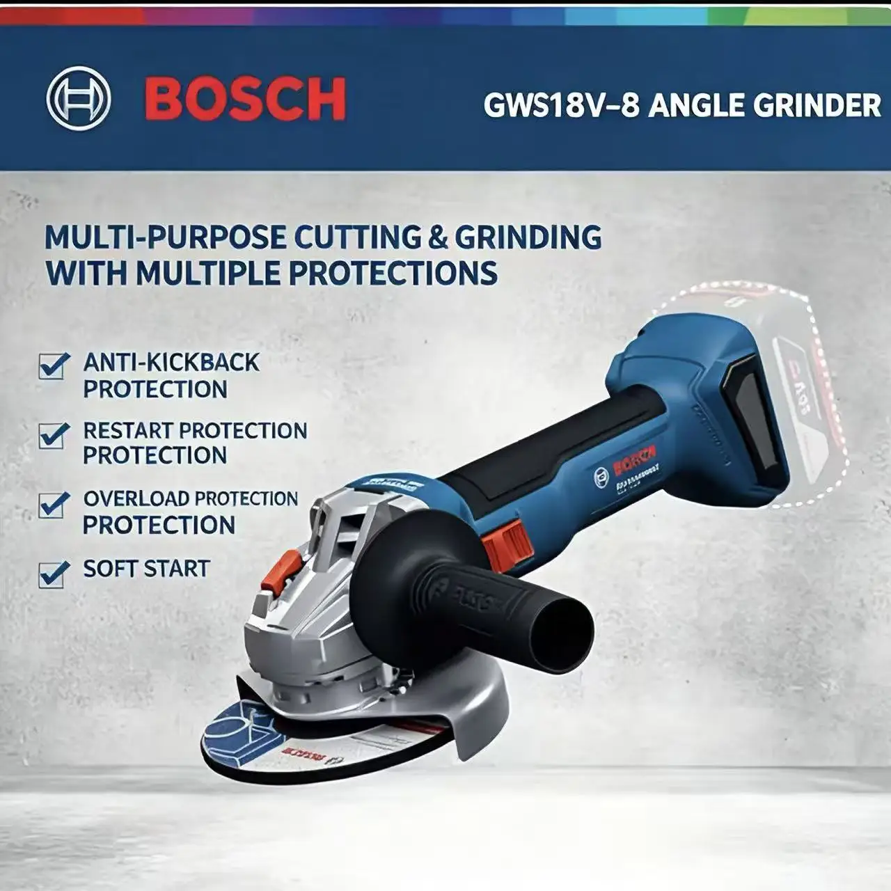 ‌Professional BOSCH GWS 18V-8 Cordless Grinding Cutter Fast Heat Dissipation Stable RPM Steel Tile Processing Hand Tool