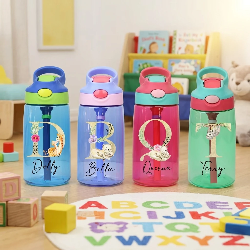 Custom Name Monogram Kids Water Bottle Personalized Jungle Animal Floral Flip Straw Tumbler, Birthday Gift for Toddler Boys Girl