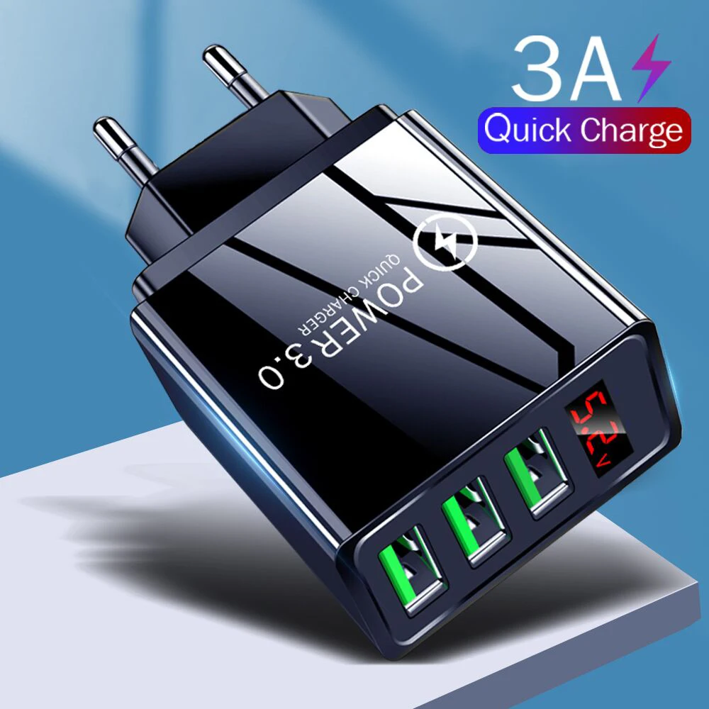 3 Ports USB Fast Charging Charger LED Display Wall Adapter for iPhone 16 15 13 Samsung Xiaomi Huawei Quick Charge 3.0 Phone Plug