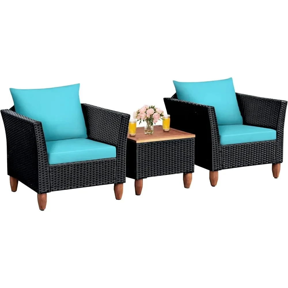 

3 Piece Patio Furniture Set, Patiojoy Outdoor Wicker Rattan Bistro Sofa Set w/Washable Cushion, Acacia Wood Top Coffee Table