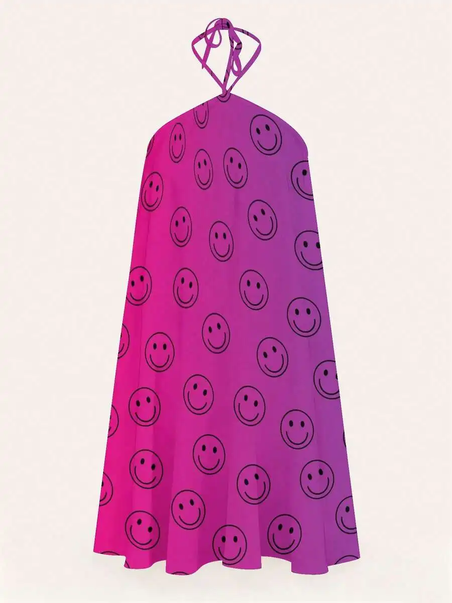 

Womens Backless Halter Dress With Smiley Face Print Pink Purple Gradient Casual Loose Vacation Dress
