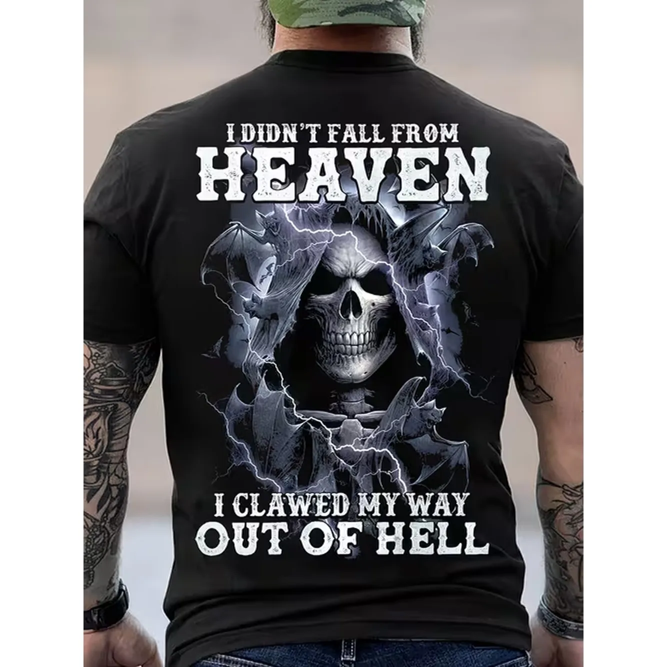 I Am Not A Skull Pattern T Shirt That Fell From Heaven Dark Design Presenting Strong Skull And Lightning Effects And Bat Patterns Perfectly Matching Suitable For Daily Wear Or As A Unique Gift For Friends Who Love Alternative Fashion