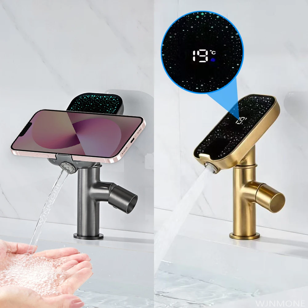 

Современные роскошные смесители для ванной комнаты, монтируемые на палубе, твердые медные смесители для раковины, смеситель для горячей и холодной воды, умный светодиодный дисплей, смеситель для умывальника смеситель