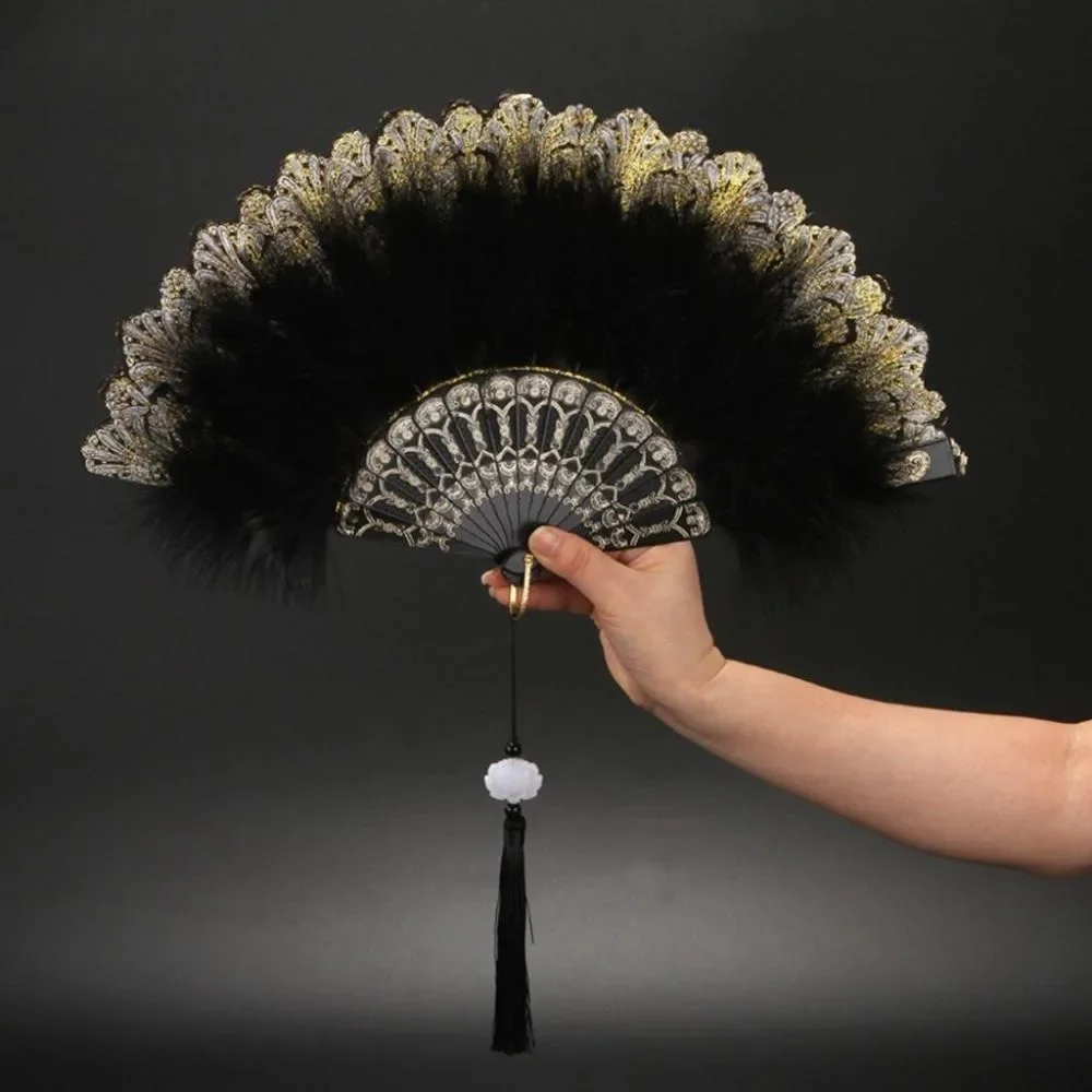 Abanico plegable de plumas de Lolita, abanico de mano de danza de corte gótica oscura japonesa dulce Hada con colgante, regalo, decoración para fiesta de boda