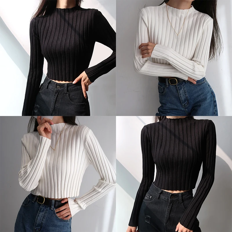 Women\'s Retro Standing Neck Solid Color Knitted Long Sleeved Minimalist Slim Fit Fashionable Short Sweater