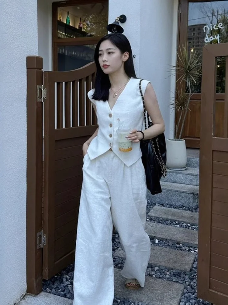 White Cotton Linen Vest Set Women's Summer Slimming Commute Suit Vest Wide Leg Pants Two Piece Set Casual Style Fashion