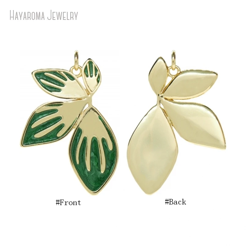 10Pcs Copper Jewelry Wholesale Leaf Shape Geometric Free Form Metal Green Enamel Gold Color Pendant PM53274