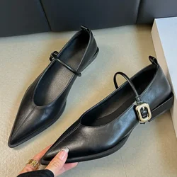 Zapatos de punta estrecha con correa de hebilla para mujer, zapatos de tacón bajo de marca de diseñador Retro de Color sólido, zapatos femeninos poco profundos, zapatos casuales concisos de cuero