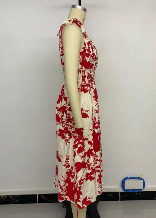 レディースドレス 夏休みスタイル ノースリーブ リボン付き レッド 花柄プリントドレス カジュアル ノースリーブ Vネック エレガント 海辺ドレス