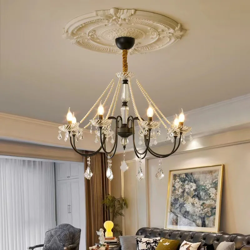 Nordic French Country Candle Crystal Chandelier for Villa Lobby Living Bedroom Study Dining Cloakroom Duplex High Ceiling Decor