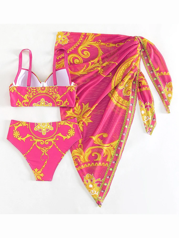 Vigobreviya sexy Druck 3 Stück hohe Taille Rock Bikini Set Bade bekleidung Frauen geschnallt Push-up Badeanzug Sommer Badeanzug