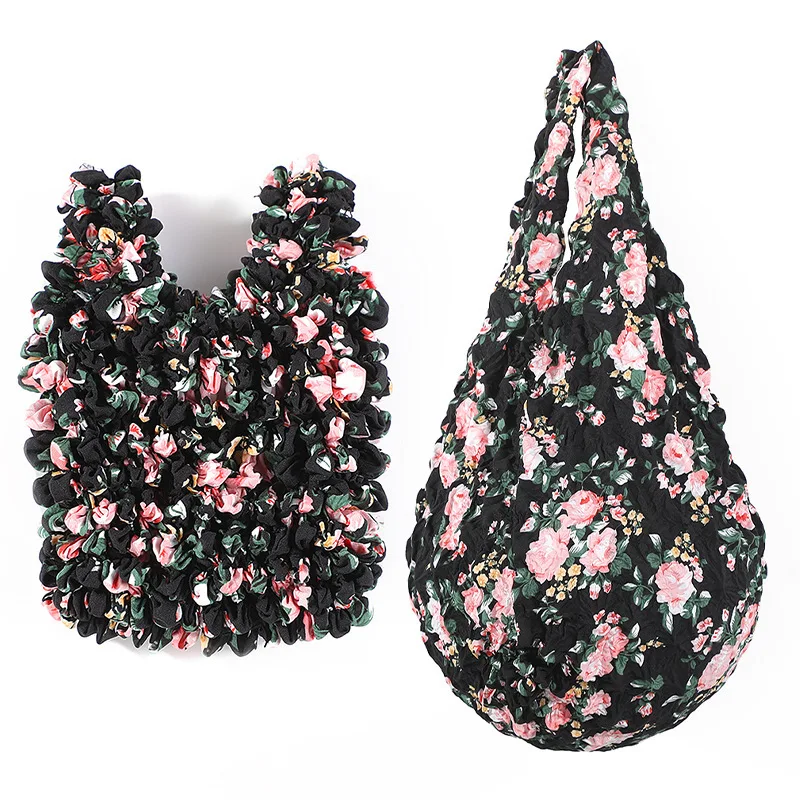 Trendy Expandable Shopping Bag for Women Female Wrinkle Bubble Puff Multi Purpose Large Capacity Elastic Shoper Tote Case