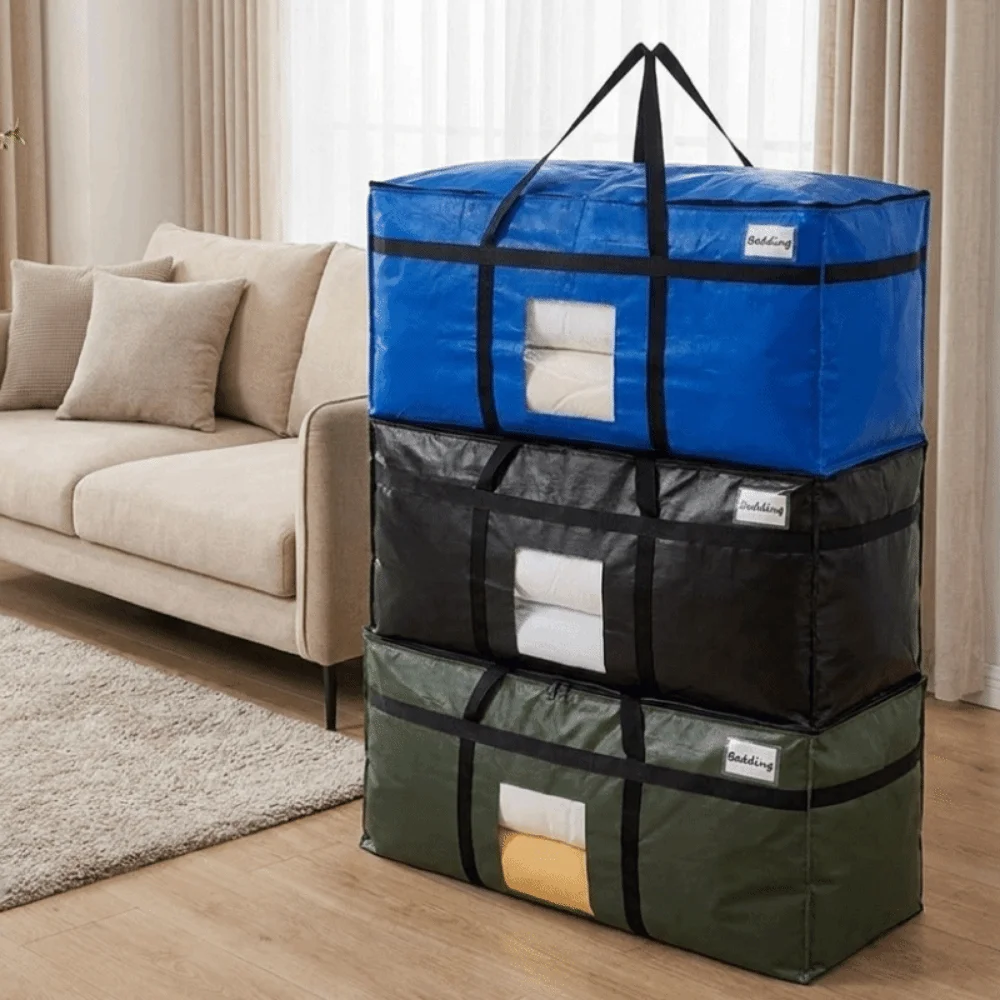 Clear Window Moving Package Bag Reinforced Handles Zipper Closure Clothes Quilt Storage Bag Waterproof Reusable 5