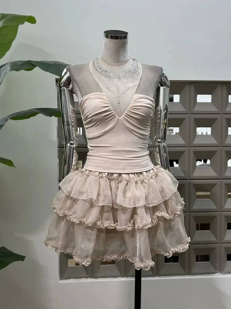 

Женская мода со стразами, тонкий топ, мини-юбка, комплекты из двух предметов, сексуальный топ без рукавов с оборками, женский наряд для вечеринки, ночного клуба