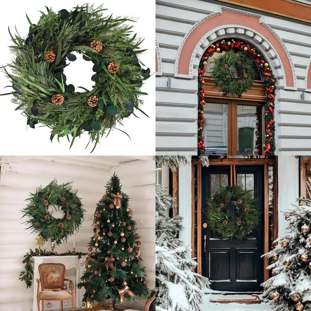 

24-кратный зеленый дверной венок | Декор крыльца из сушеных сосны и растений на Рождество
