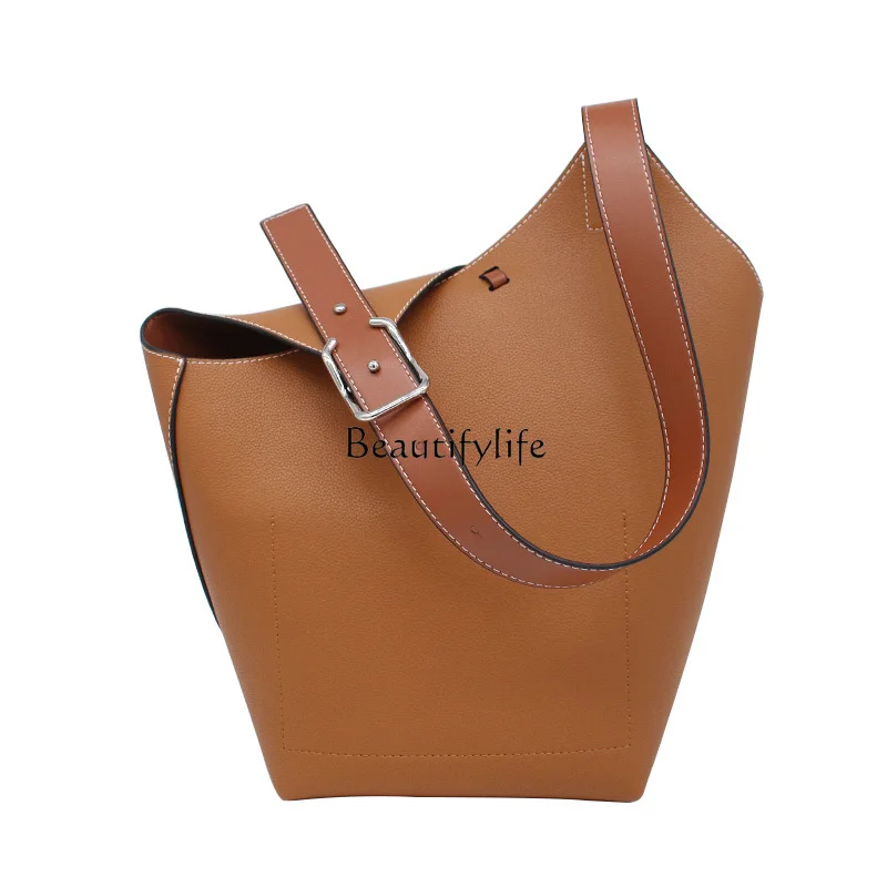 Litchi Grain Cowhide Bucket Bag, Large Capacity, One-Shoulder, Portable, Color Block