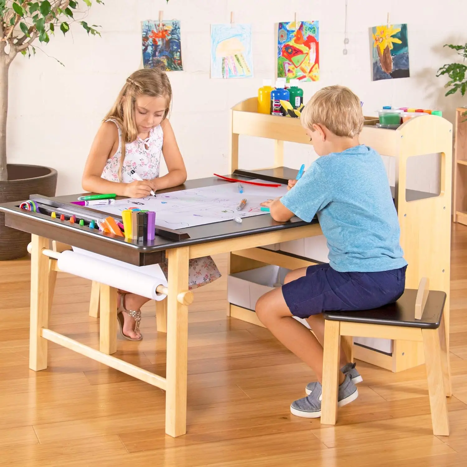 Deluxe Art Center: Kids Arts and Crafts Table and Chairs Set with Storage Shelves, Canvas Bins, Paper Roll, for Drawing