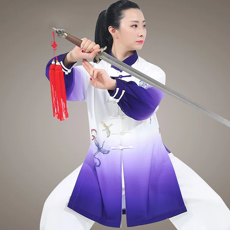Fashion New Tai Chi Suit with Crane Pattern, Flowy Chinese Style Performance Wear, Spring/Summer Breathable Stretch Linen, Unise