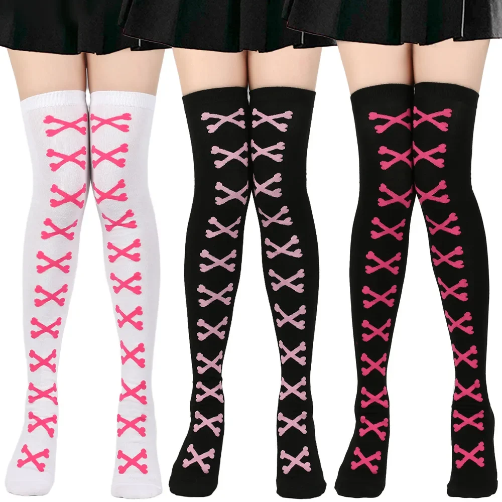 Womens Bone Thigh High Stockings Ladies Halloween Girls Black White Pink Long Over Above Knee Socks Tall Funny Cosplay Harajuku