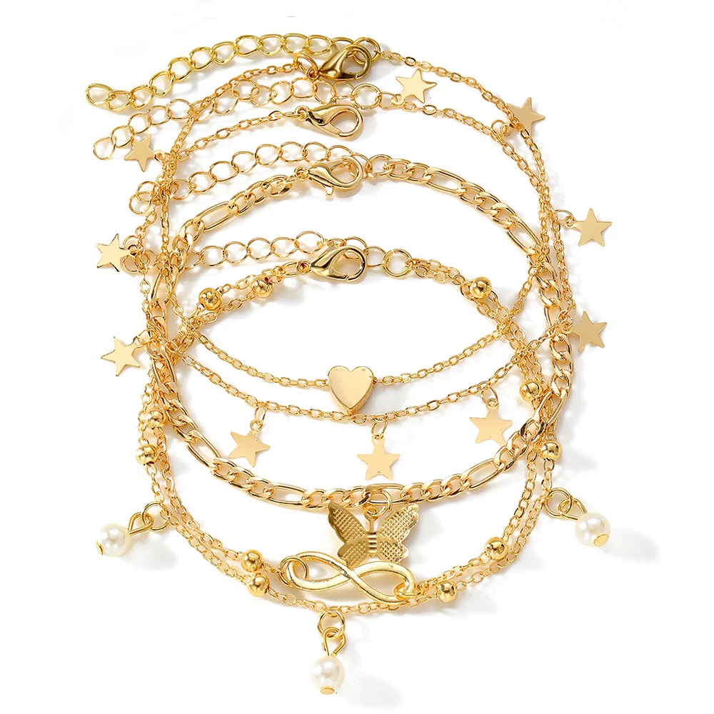 IPARAM Exquisite Metal Butterfly Star Heart Pendant Anklets Set Bohemia Vintage Pearl Pendant Foot Bracelet Beach Woman Jewelry image 6