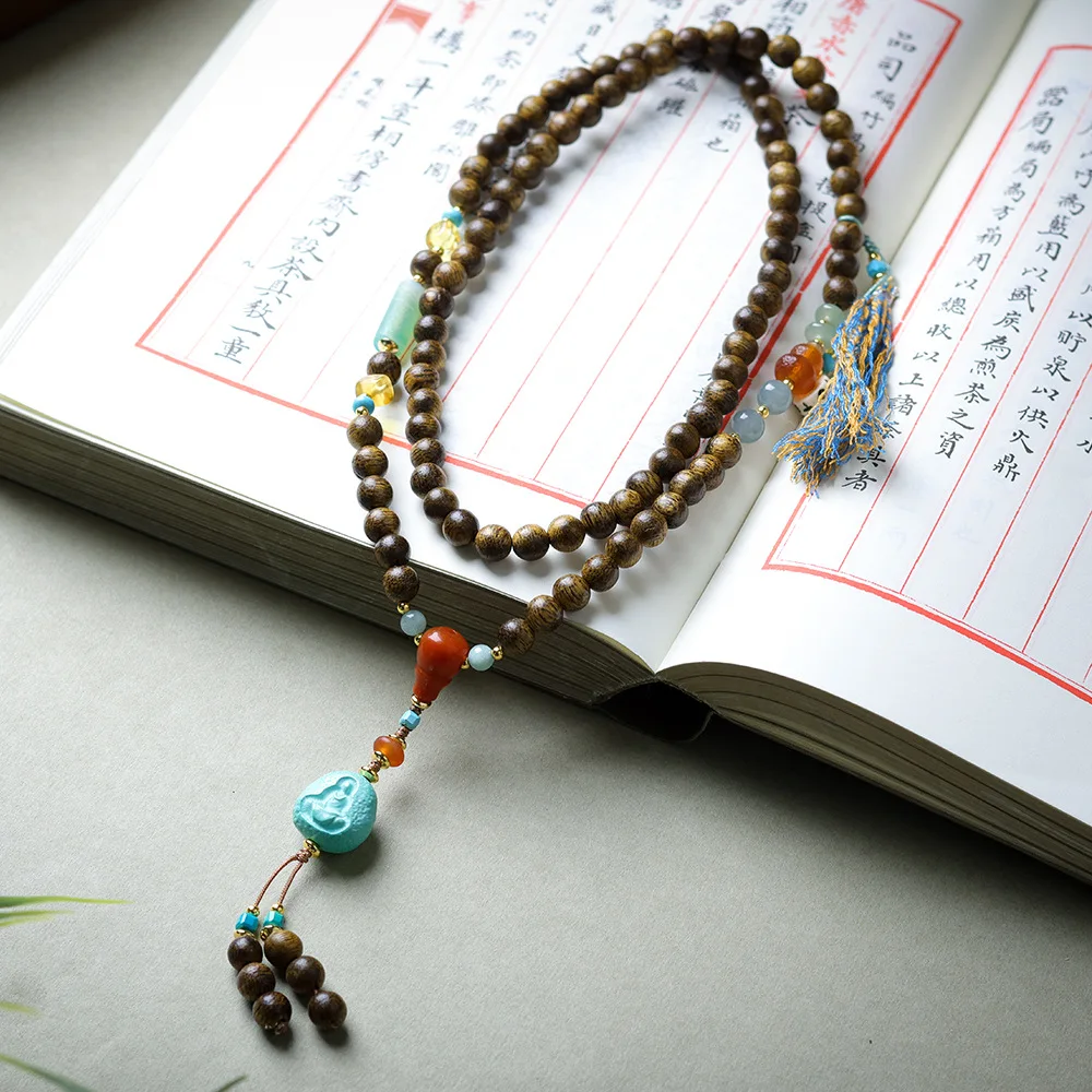 Premium Hand-Stranded Brunei Agarwood Autumn/Winter Sweater Chain Magnesite Turquoise Formless Buddha Chinese-Style Necklace