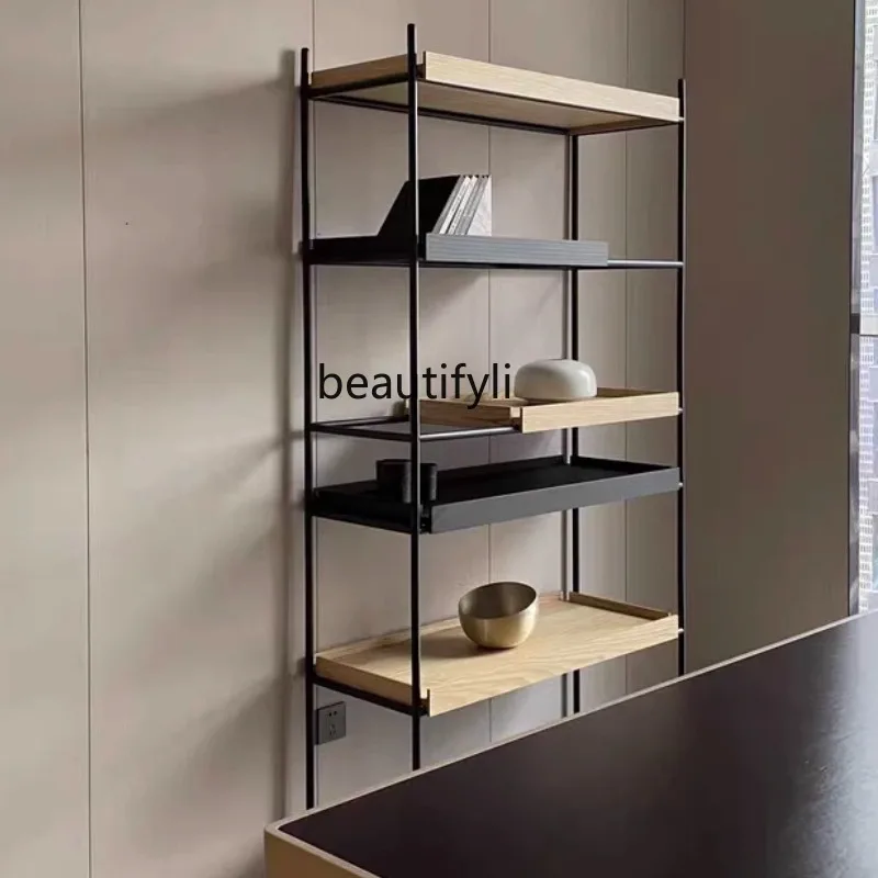 Nordic Minimalist Steel and Wood Combination Bookshelf Floor-standing Metal Storage Rack Stainless Steel Bookcase Light Luxury
