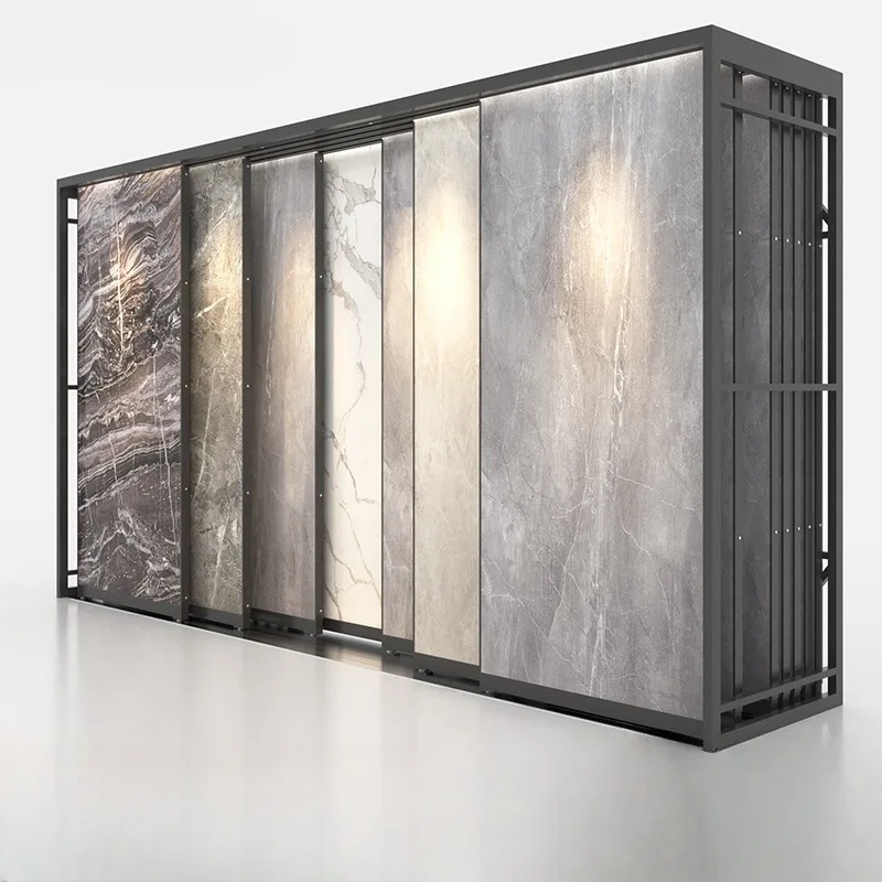 Chinese Supplier Customized Eco-Friendly Water Resistant Modern Stainless Steel 2mm Sliding Tile Display Pull Push Rack for