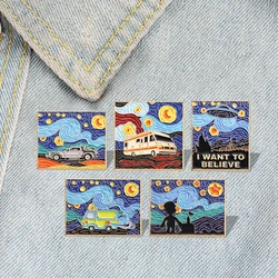 Night Sky Oil Painting Enamel Pins Custom I Want To Believe Brooches Lapel Badges Funny Jewelry Gift for Friends